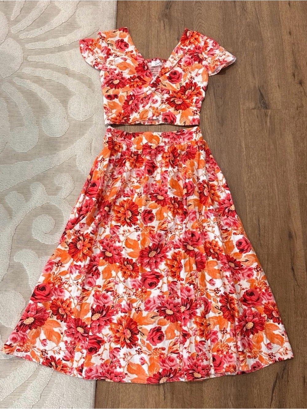 Japna Pink & Orange Floral Two-Piece Skirt Set